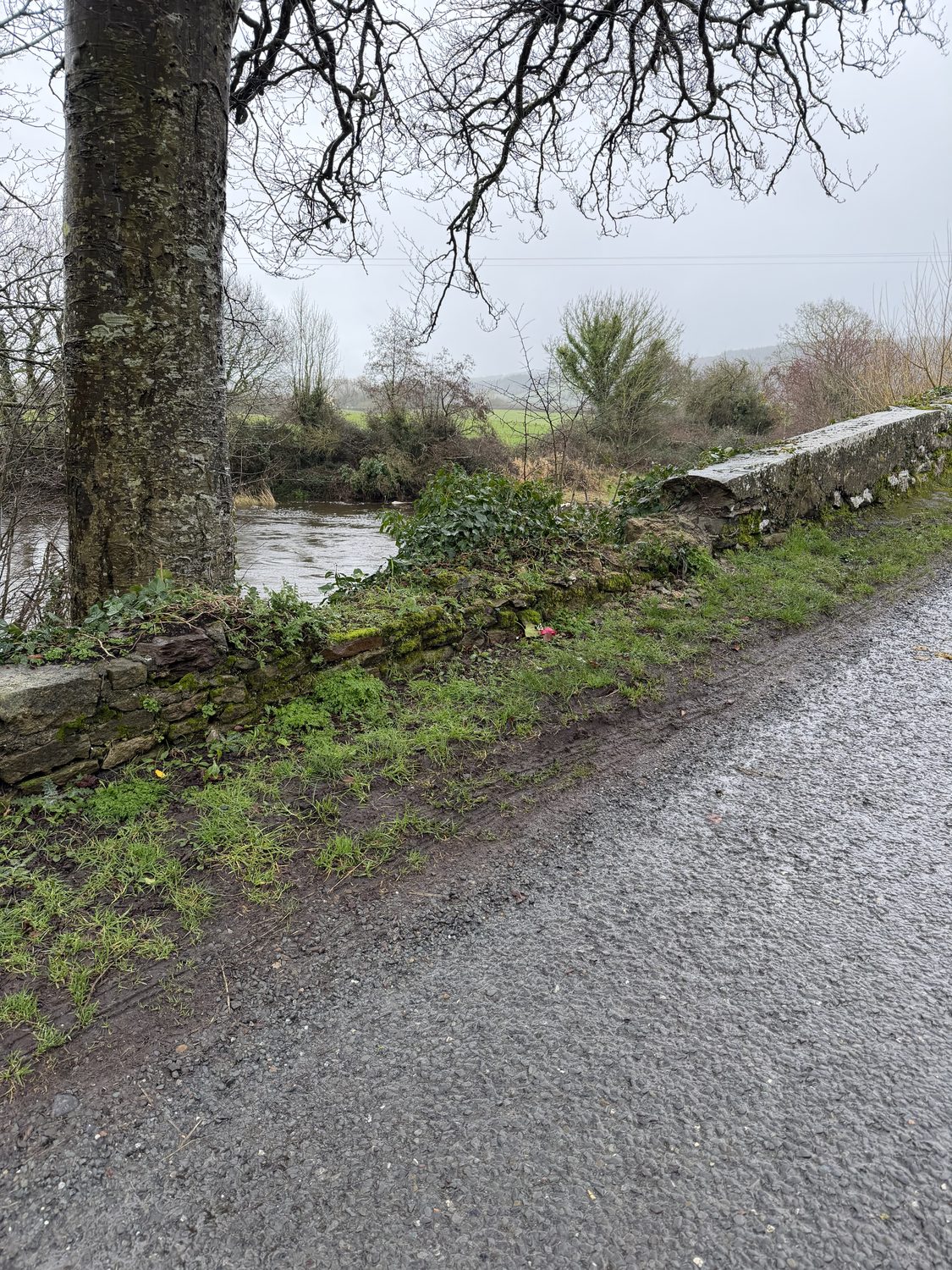 The drop from the collapsed parapet to the River Aherlow below