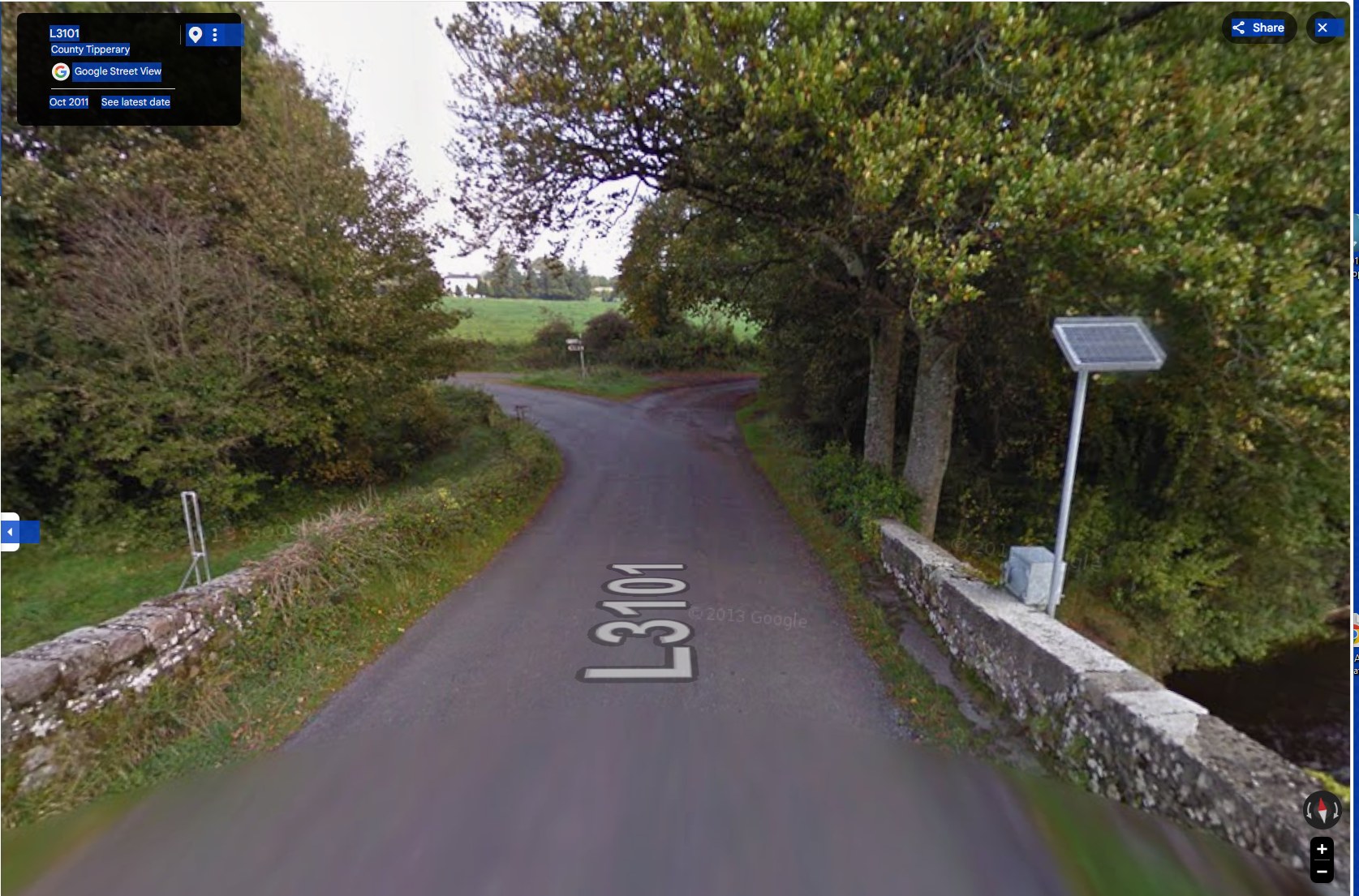 The Killardry Bridge approach on the L3101, Google Street View October 2011