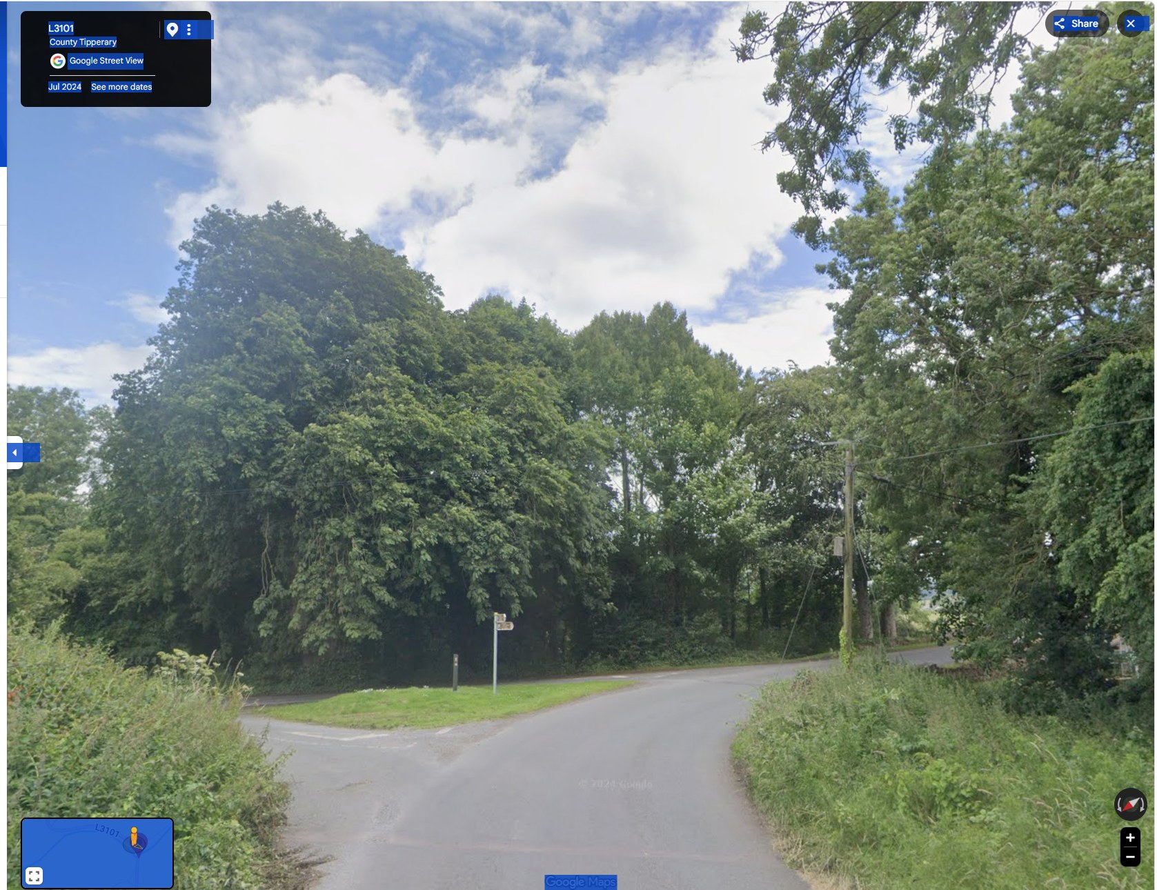 The approach junction to Killardry Bridge on the L3101, verges overgrown, Google Street View July 2024