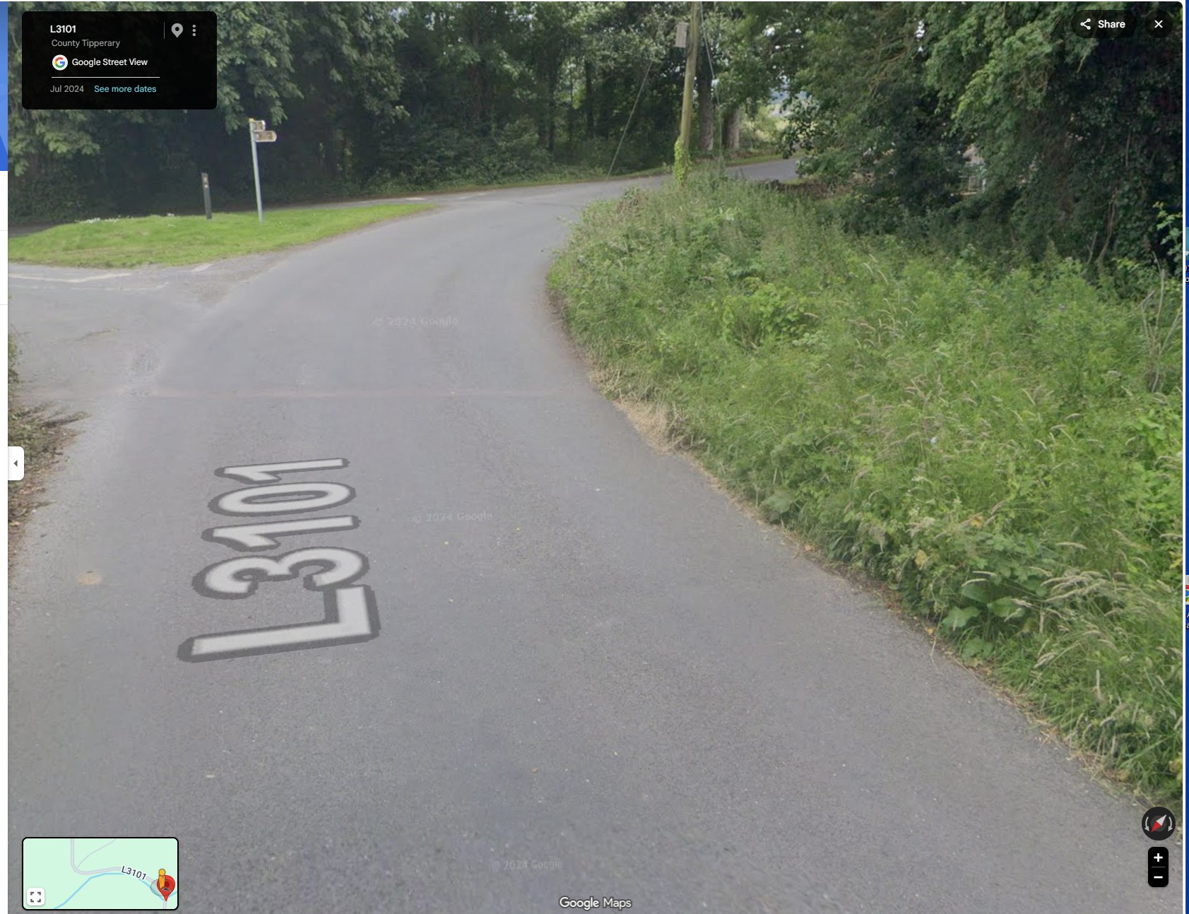 The turn on the L3101 just before Killardry Bridge, the verge heavily overgrown, Google Street View July 2024